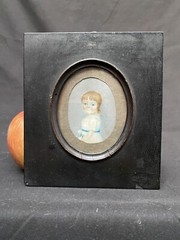 1830’s Miniature Folk Art Portrait Naive Charming Holding Flower American School