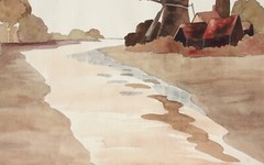 Wide River Landscape with Windmill, Watercolor, Art Nouveau, France c1900