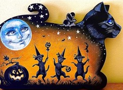 5×7 PRINT OF PAINTING HALLOWEEN RYTA BLACK CAT WITCH Folk Art Vintage Style 🎃