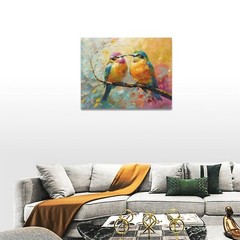 Abstract Birds Canvas Wall Art Couple Birds Standing on Branch Oil Painting P…
