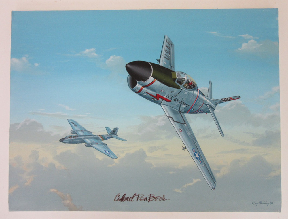 Raymond Waddey Painting US F-86D Sabre and B-57 Canberra, Signed Ron Beck 18×24″