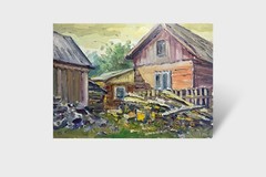 Oil painting Carpathian village Ukrainian painter Fiberboard original landscape
