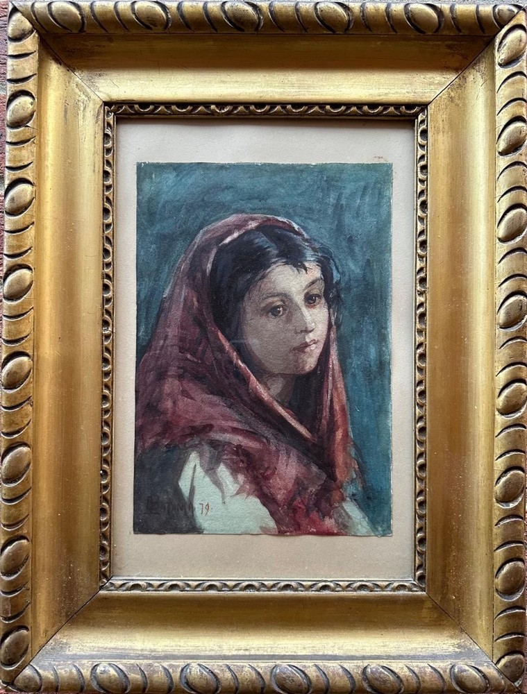 Italian School: Portrait Of A Girl , Watercolor, Signed With Monogram, Framed