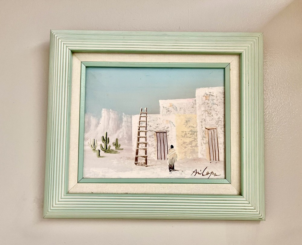 Vintge Original Southwest Pueblo Listed J ARICOPA Desert SIGNED Aqua Green FRAME