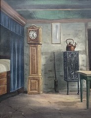 Oil Painting Farmhouse Interior Bed Grandfather Clock Oven Copper Cauldron Broom Table