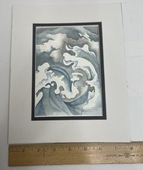 Small Modern Abstract Original Watercolor Waves Water Sky Signed Matte Blue