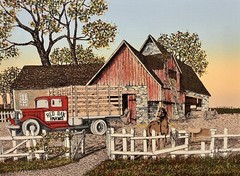 H Hargrove Red Oak Farms Barn With Horse 12 X 16 Canvas Only Stretched