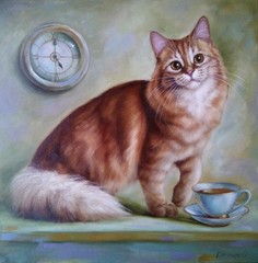 Ginger Cat with Tea Cup Original Oil Painting Cozy Cat Artwork 20×20 in