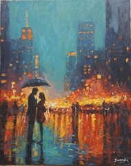 Sean Wu, Original 16×20″ oil on stretched canvas , Together Under the Rain