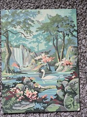 2 Vintage 1956 Swan in River Waterall Paint by Number Paintings 12″ x 16″