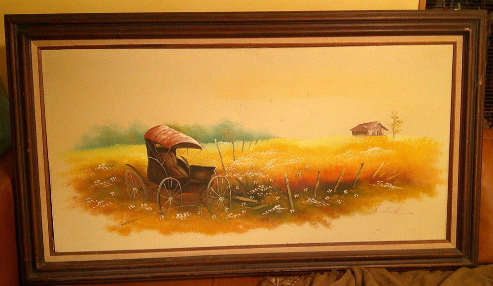 Large Size Oil on Canvas Buggy in field 52″ x 28″ Signed unknown artist.