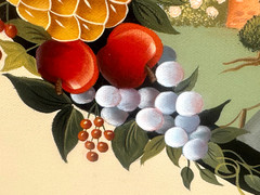 VINTAGE AMERICANA FOLK ART PAINTING VICTORIAN MANSION PINE CONE APPLE GRAPES ART