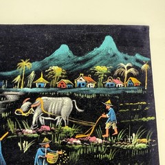 Vintage 1967 Jet-W. Wang Asian Village Water Buffalo Velvet Artwork Signed Set 2
