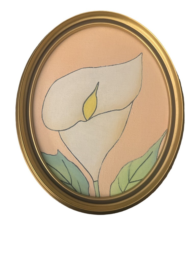 Vtg Calla Lilly Painting On Linen Gold oval frame 12” x 9 1/2”