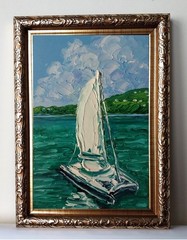 Framed White Sailboat Calm Sea Green Seascape 4×6” Impasto Oil Painting Original