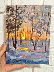 Original Oil Painting Sunset Winter Landscape Forest Impressionism Art Signed