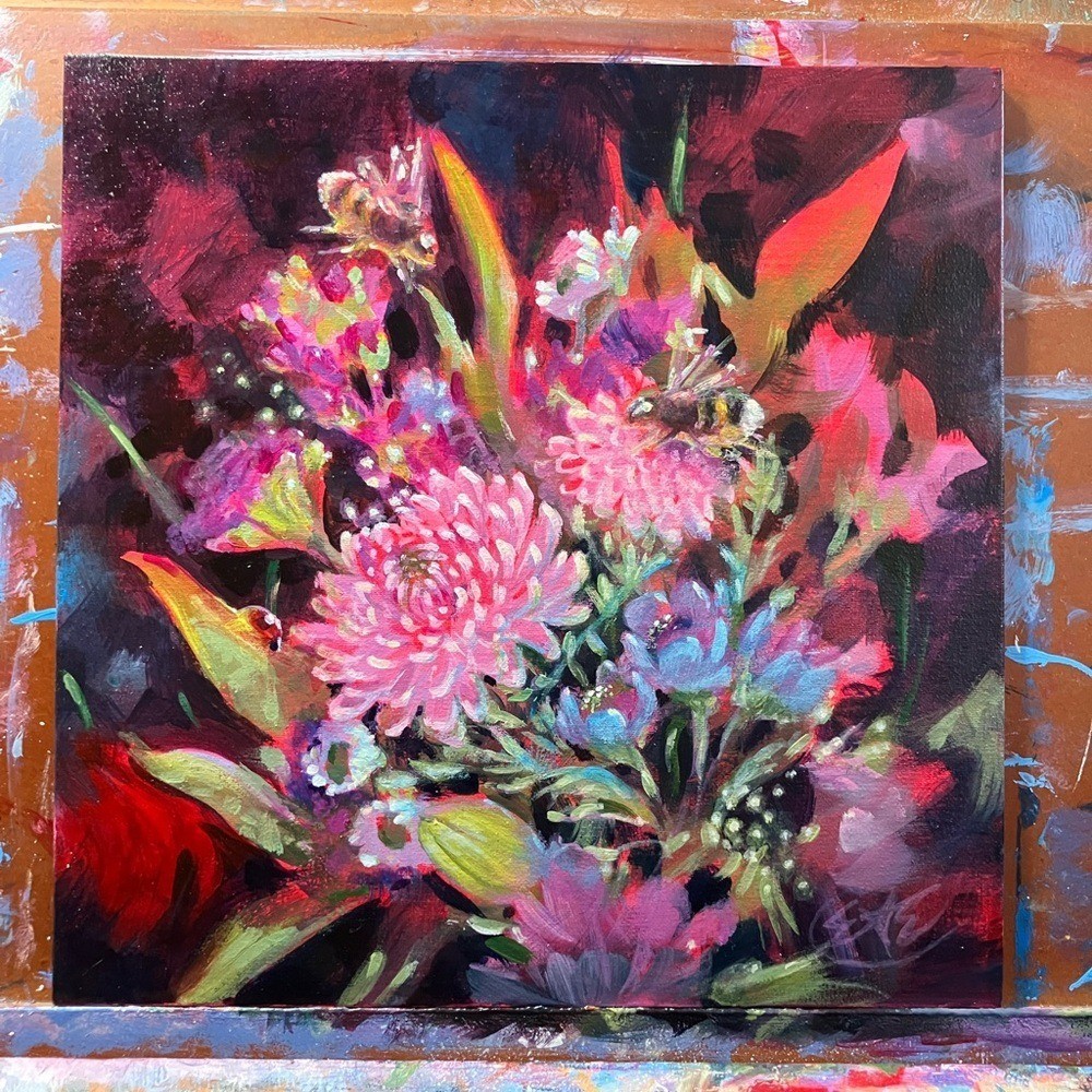 Original Bumblebee bouquet painting floral still life surreal nouveau flowers