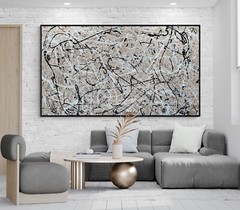 XXL Jackson Pollock Style Soft Sand Black White Textured Painting 59×30 in