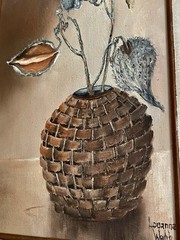 Original Oil Painting On Canvas Milkweed Pods In Basket Vase Louanna Webb Signed