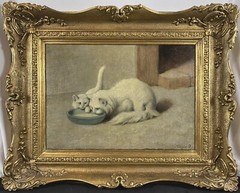 Antique c. 1910 Arthur Heyer Turkish Angora Kitten & Cat Drinking Milk SIGNED