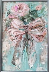 Original Oil Painting Pink Bow and Rose Art Miniature Signed Art 6×4 in