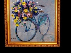 ORIGINAL Royal Pink Yellow Bluebonnet Floral Bouquet Basket Bicycle Oil Board Vt