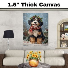 Bernedoodle Holly Berries Wreath Dog Canvas for Christmas Winter Farmhouse Decor