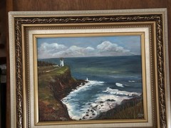 VTG Hawaii Original Oil Paint Art Artist Signed Wood Frame Kilauea Lighthouse