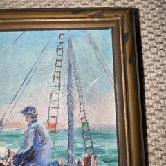 Antique Oil on Board Painting – New England Maritime Shore Fisherman on Dock