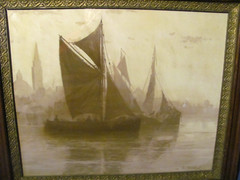 Antique Pastel Boston Harbor Skyline at Dawn by Clarence E. Braley