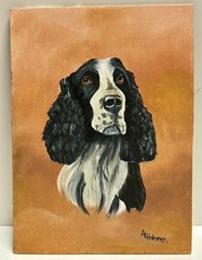 Vintage Springer Spaniel Portrait Oil Painting on Wood Panel Signed AL Hohman