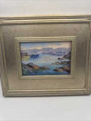 Haruko Evans Monterey Bay Harbor Oil Painting Framed 13×11
