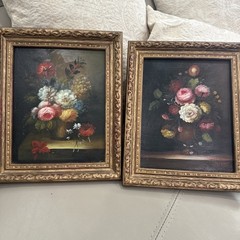 2 Signed Floral Still-Life Oil Paintings on Board in Ornate Gilt Wooden Frames