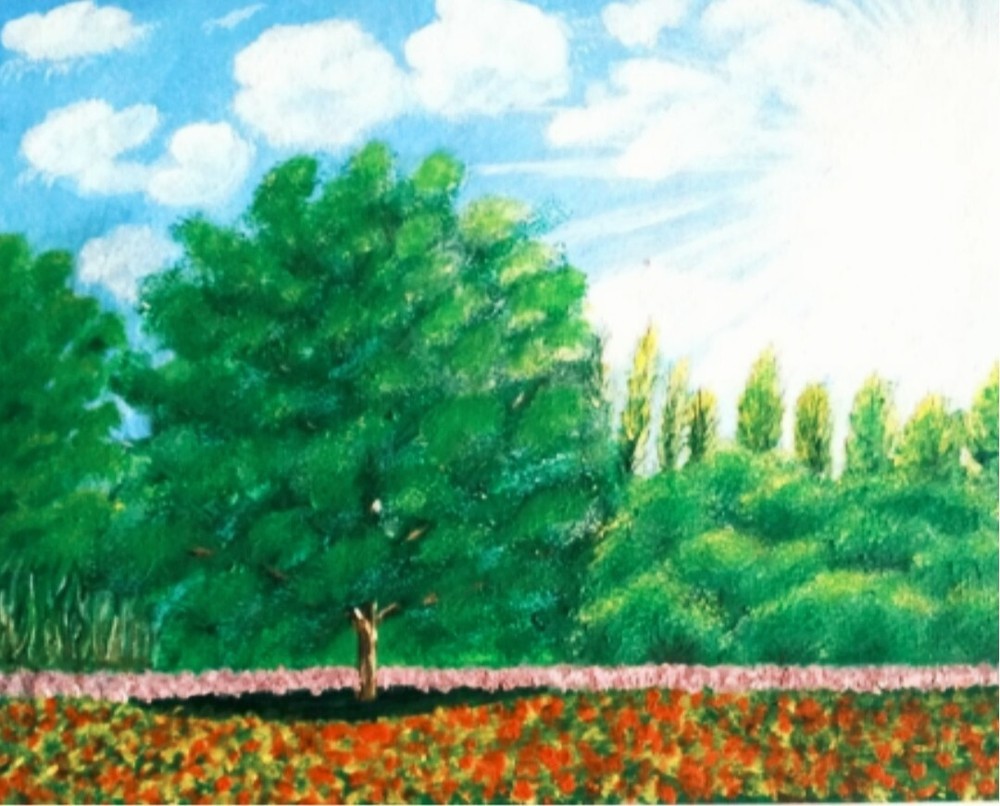 green trees and red poppy field landscape Original Acrylic Painting Art 11×8