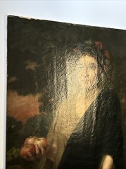 Large Antique Portrait 19th Century Master Woman Apples Glowing Landscape 46″