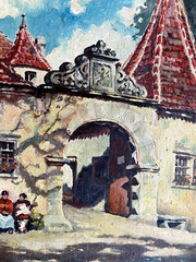 Oil Painting Undeutl. Monogr.stadttor With round Arch Vor Marketplace Menschen