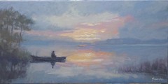 Sean Wu. 10×20 original oil on stretched canvas, boat fishing