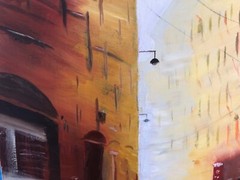 oil painting a stroll on a narrow street in Italy on hardboard, henna’s art 
