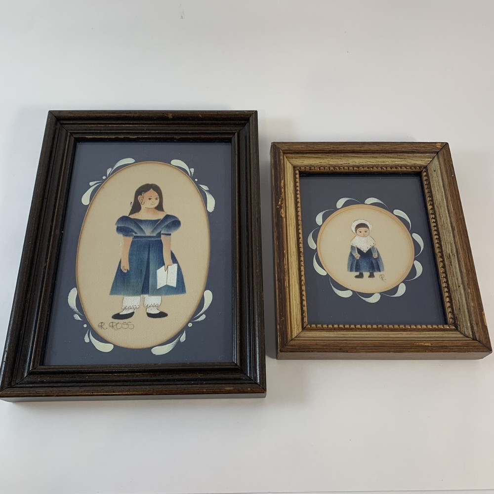 Folk Art Amish Paintings Girls Children Wood Frame Set Of 2 Signed R Ross