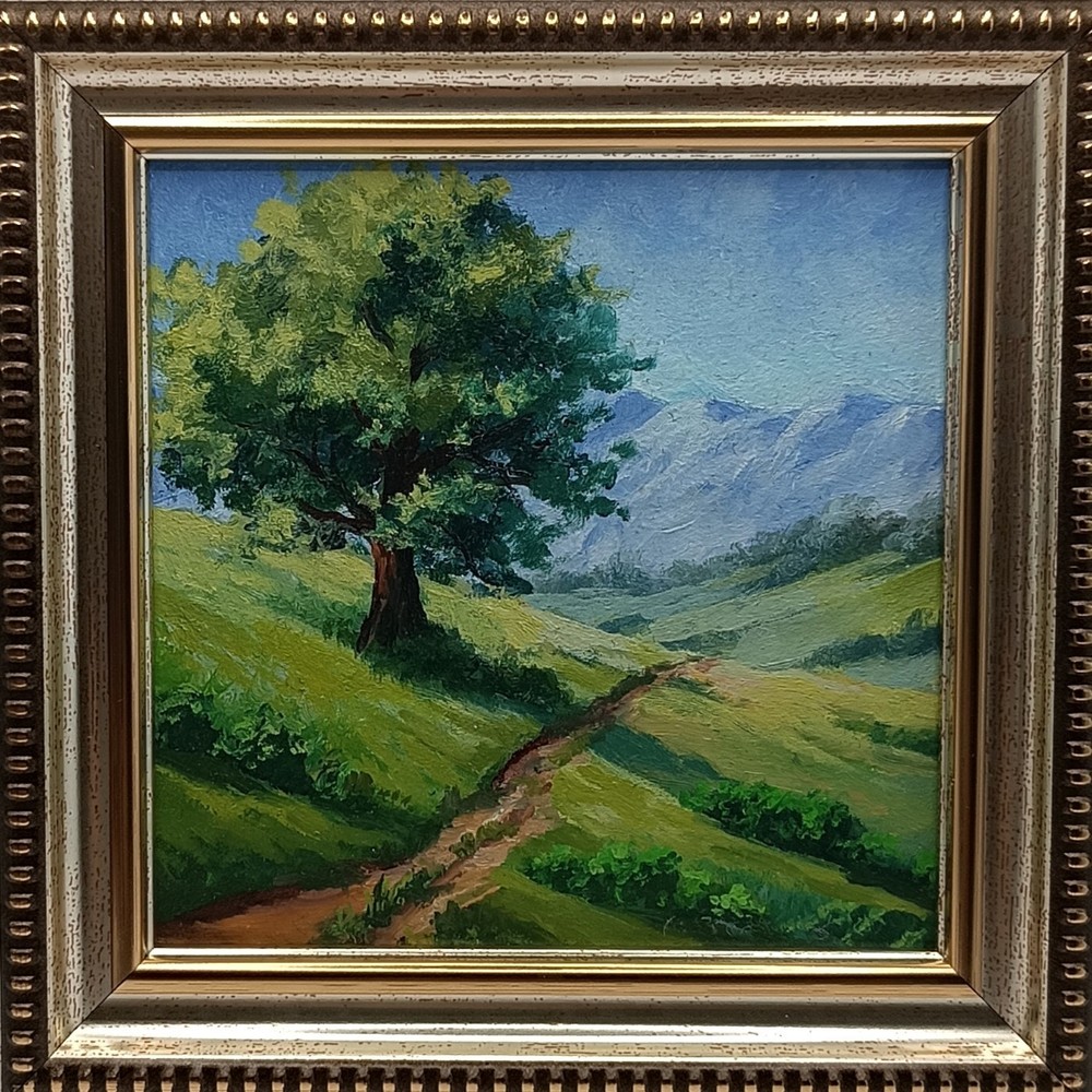 Original Country Landscape Painting Small Framed Oak Tree Mountain Road Artwork