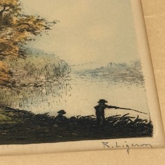 Vtg Landscape Watercolor Etching Trees Water Scene Fishermen Signed 6×8.5”