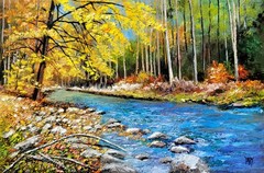 NO IMPORT FEES Yary Dluhos Autumn Landscape River Trees Original Oil Painting