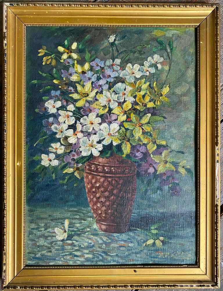 A.F.Kirsch ? Flower Still Life Vase Colorful Flowers Leaves Light Shadow Antique
