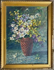 A.F.Kirsch ? Flower Still Life Vase Colorful Flowers Leaves Light Shadow Antique