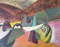 Vintage MCM Abstract Shapes Oil Painting Modern Wall Art Schultz Mid Century 50s