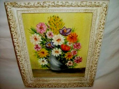 Cottagecore Floral Oil Painting French Frame Ornate Provencal Signed 1960s Small
