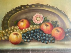 Oil painting still life fruit basket & flower grapes apples