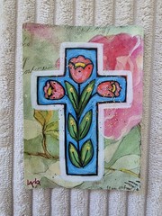 ORIGINAL ACEO Folk Art Painting Cross Jesus Flower Collage Gold Glitter Christ