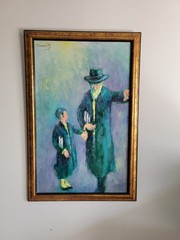 Hasidic Rabbi And Child Judaica Painting Signed Moderslak 1970 Framed