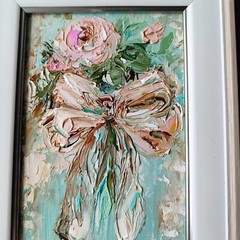 Original Oil Painting Pink Bow and Rose Art Miniature Signed Art 6×4 in